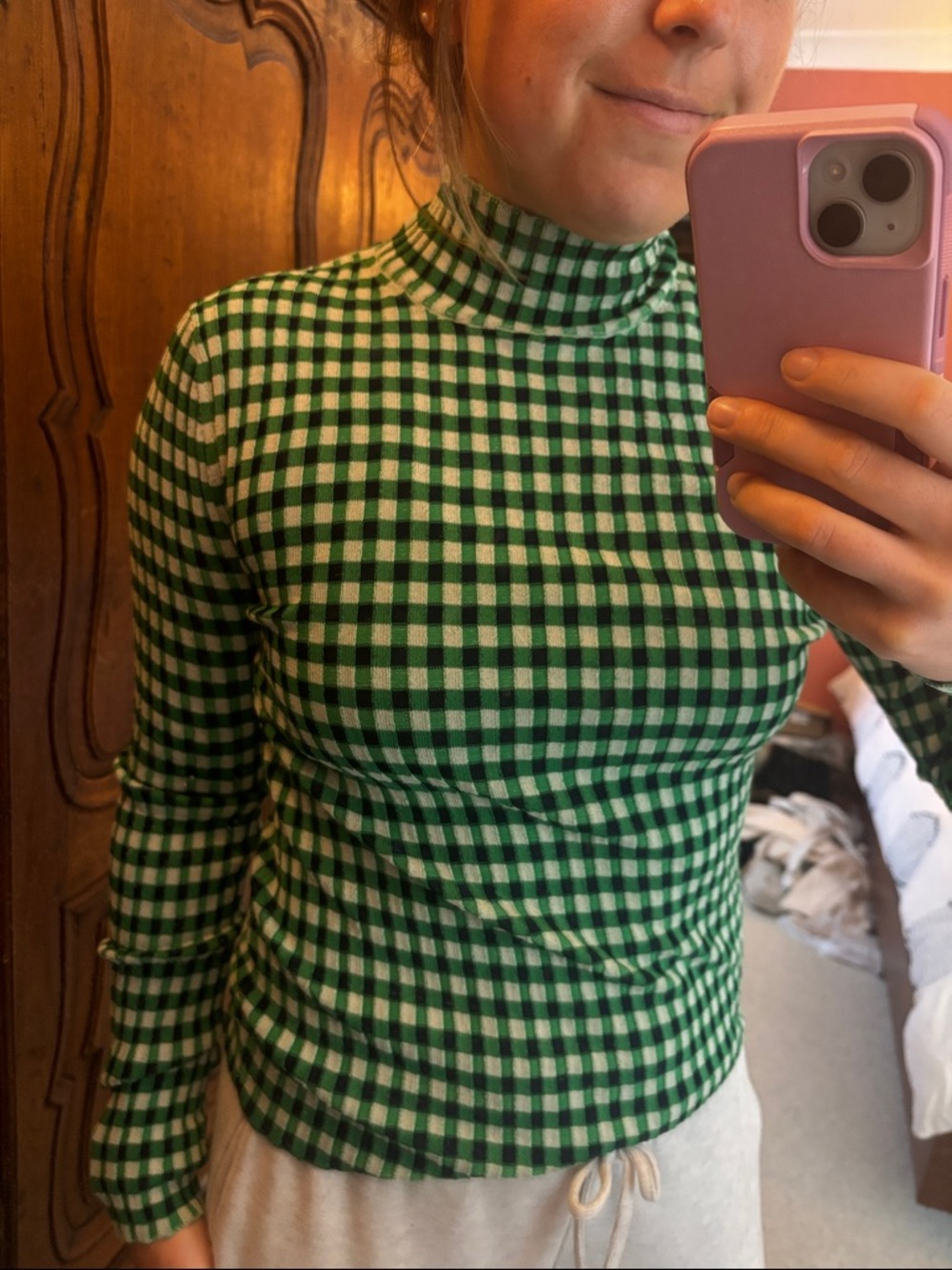Boden Green Gingham Long Sleeve Mock Neck Top